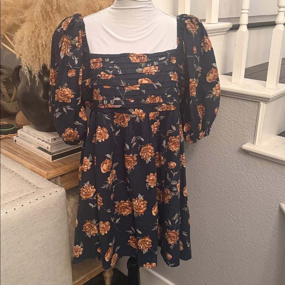 Abercrombie & Fitch Blue Floral Emerson Linen Puff Sleeve Mini Dress Size XL - Picture 4 of 9